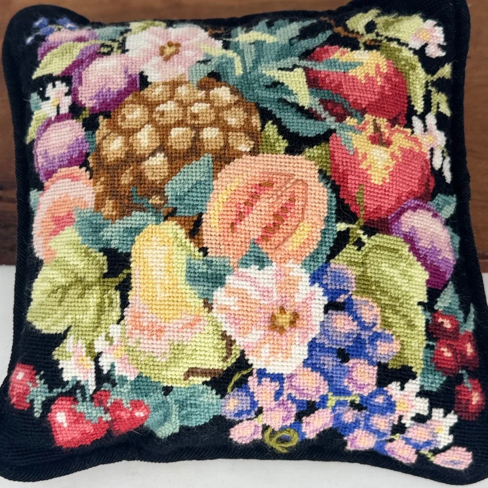 Vintage Fruit Floral Needlepoint Throw Pillow Black Wool Accent 10.5in Square